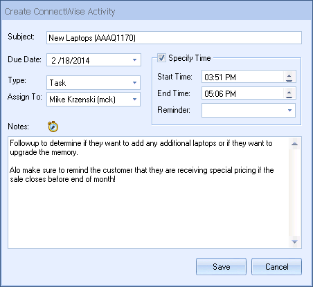 QuoteWerks schedules Call Activities in ConnectWise