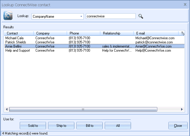 QuoteWerks searches the ConnectWise database for a contact to use in the quote