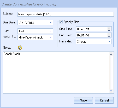 QuoteWerks schedules One Off Activities in ConnectWise