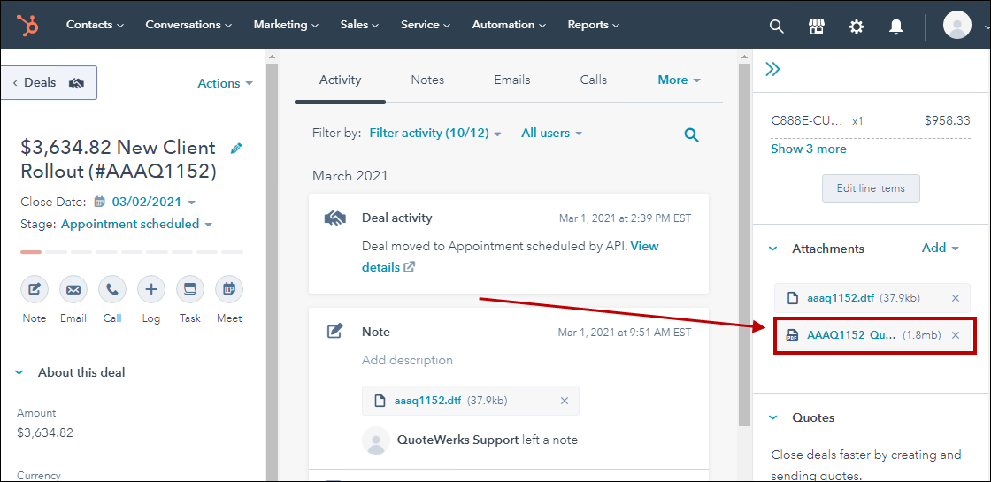 QuoteWerks Creates Document Attachments in HubSpot CRM